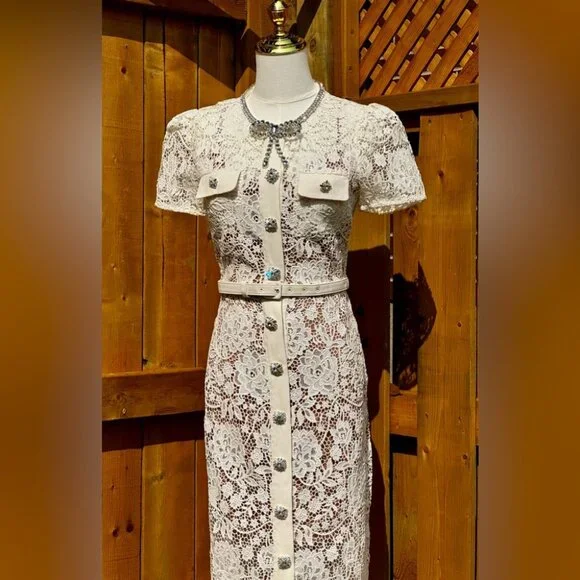 🆕 SELF-PORTRAIT 🧿 BNWOT Cream Lace Diamante Bow Midi Dress, Sz US 2 / UK 6 - Picture 9 of 16